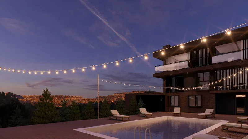 Рендер SPA-корпусу GREGIT Hills увечері